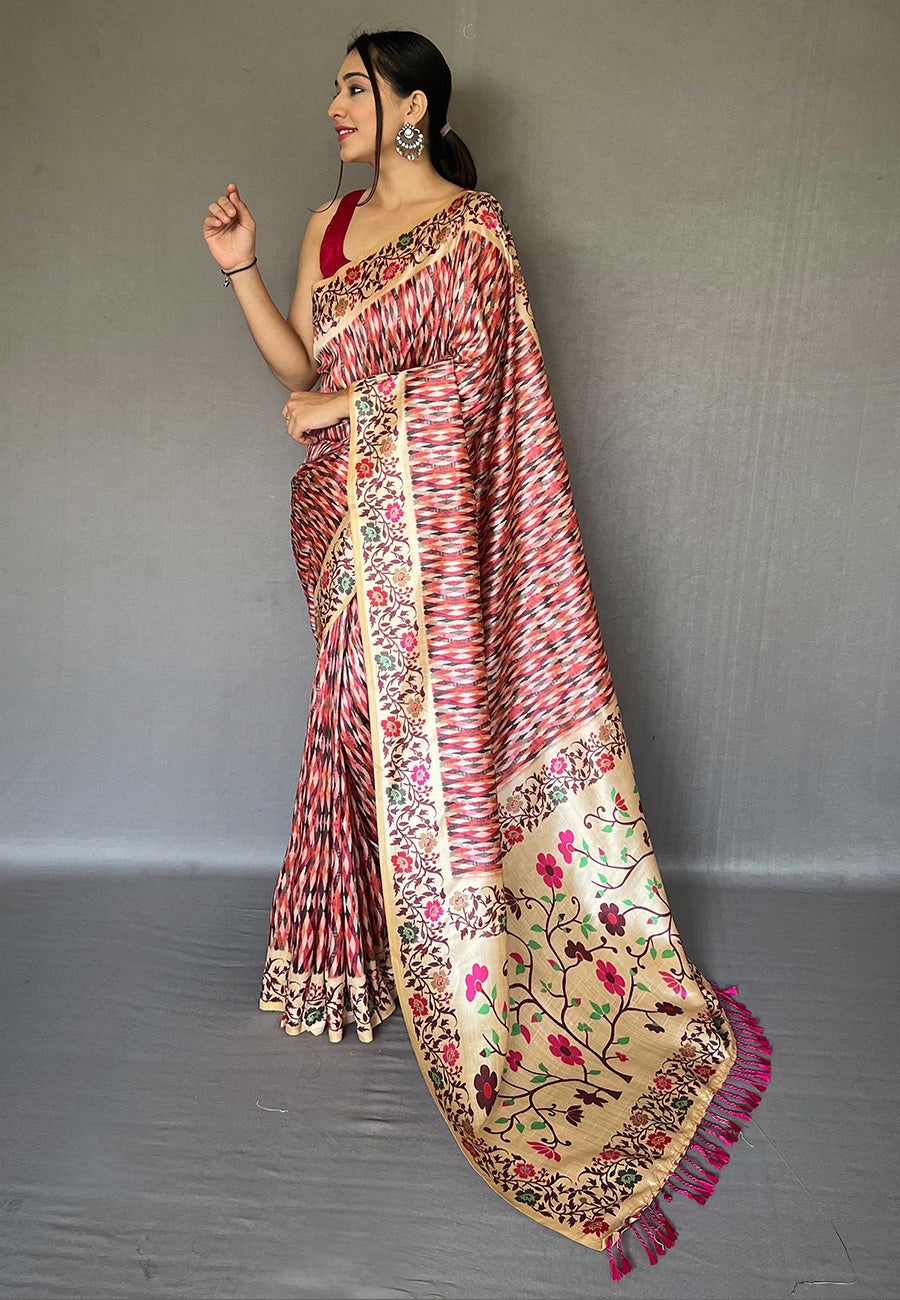 Buy MySilkLove Mauvelous Pink Multicolor Ikat Printed Saree Online