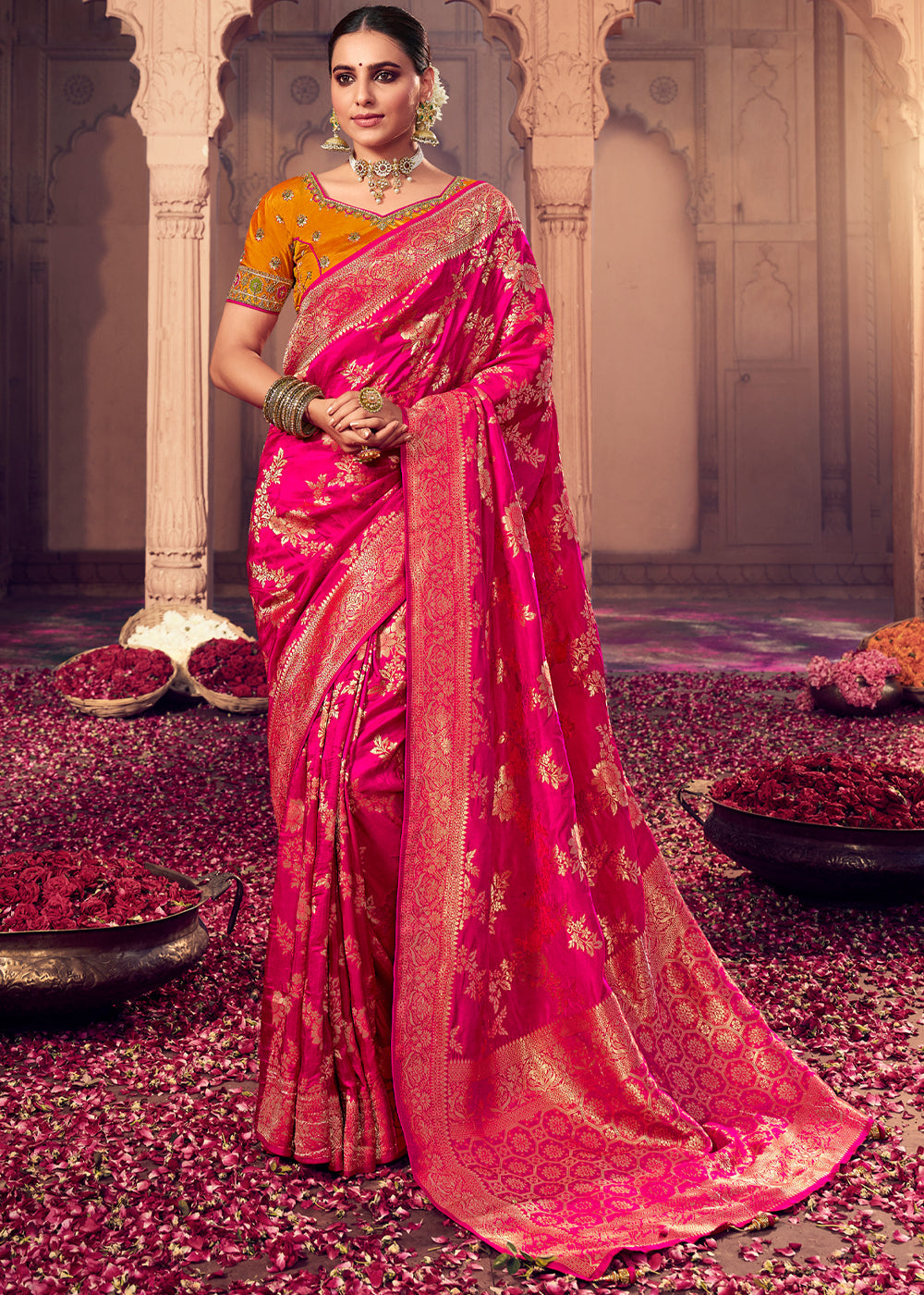 Buy MySilkLove Winter Pink and Yellow Zari Woven Designer Banarasi Saree Online