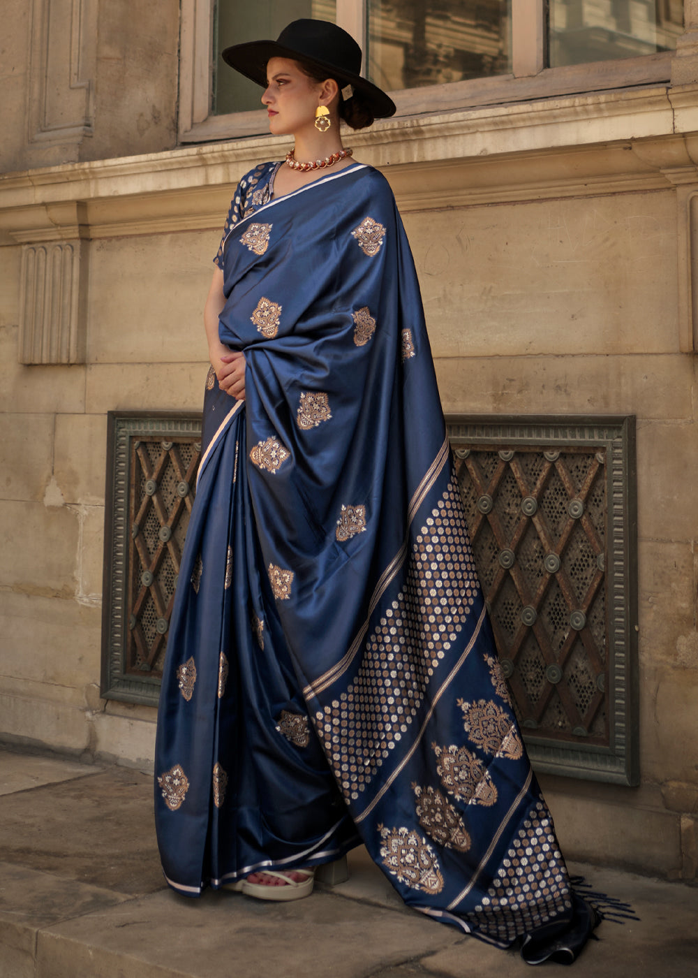 Buy MySilkLove Bluewood Woven Banarasi Satin Silk Saree Online