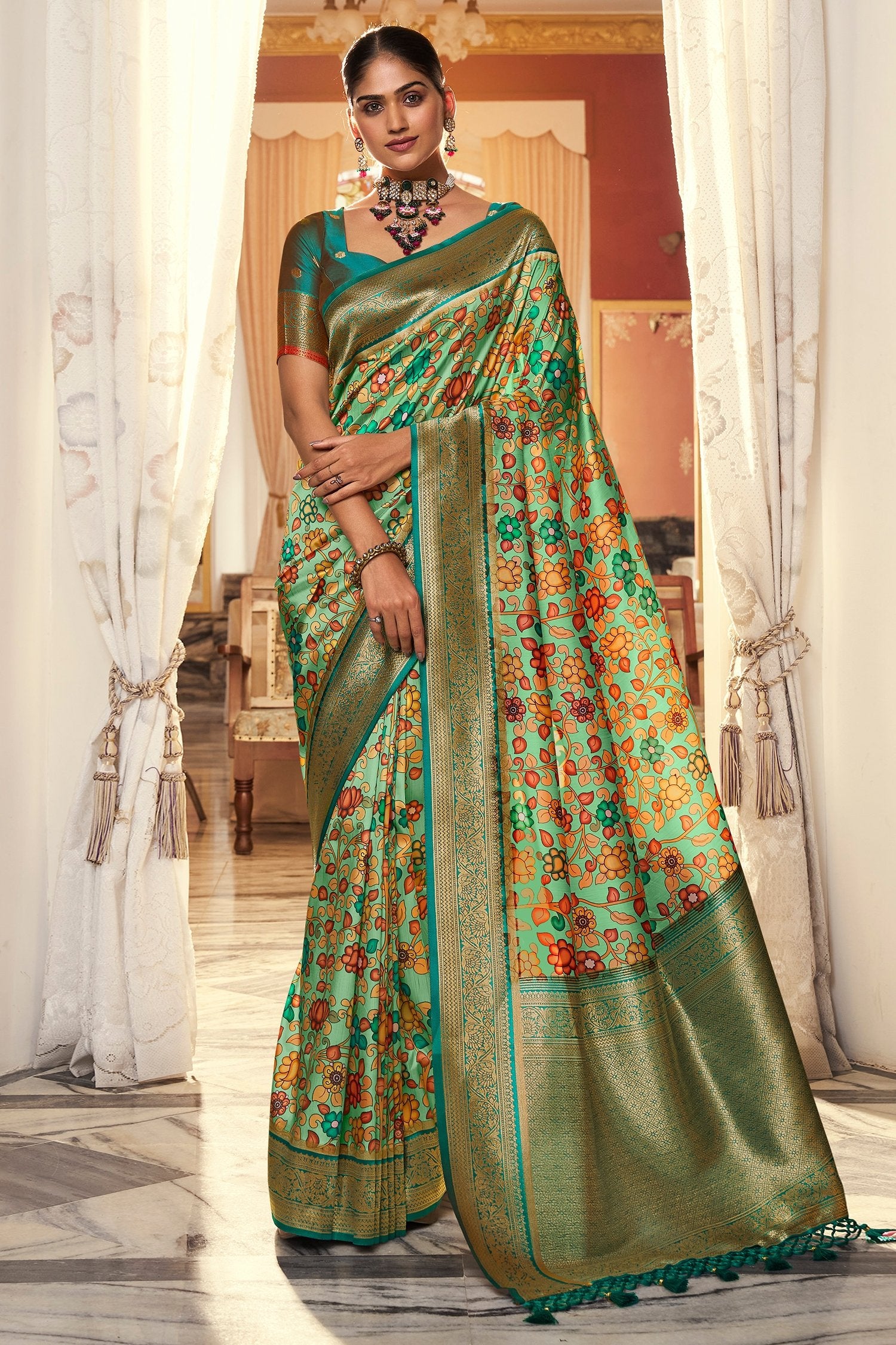 Buy MySilkLove Battleship Green Digital Printed Banarasi Silk Saree Online