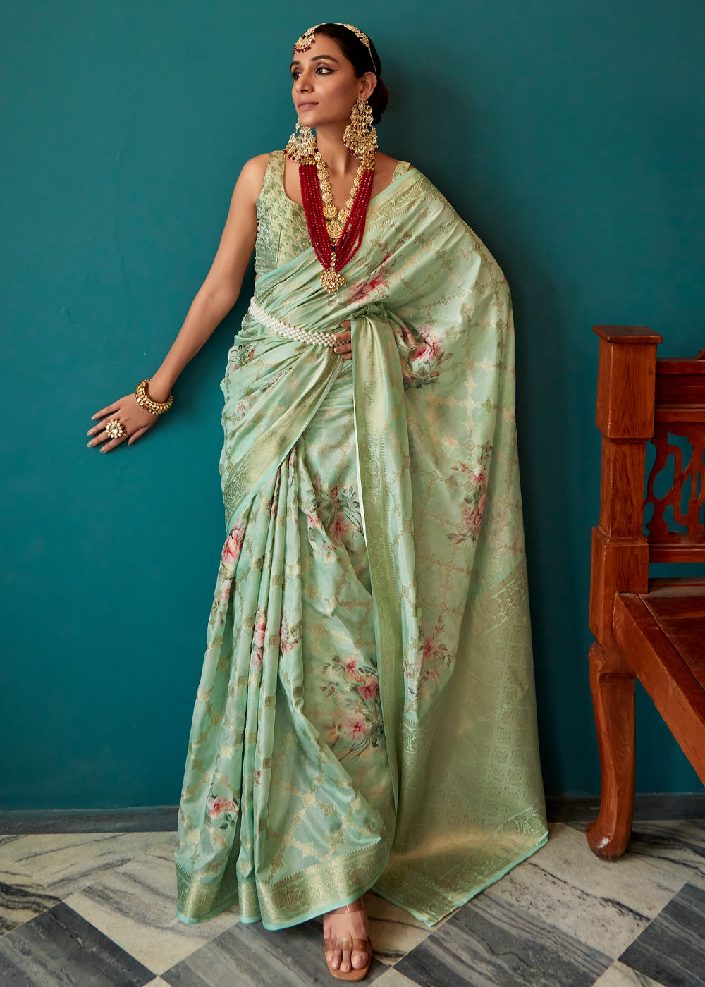 Buy MySilkLove Clay Creek Green Woven Banarasi Floral Printed Silk Saree Online