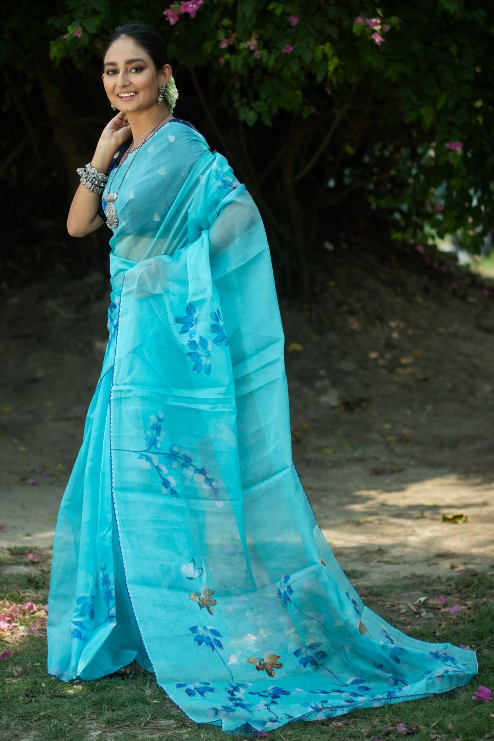 MySilkLove Moonstone Blue Floral Design Organza Printed Saree