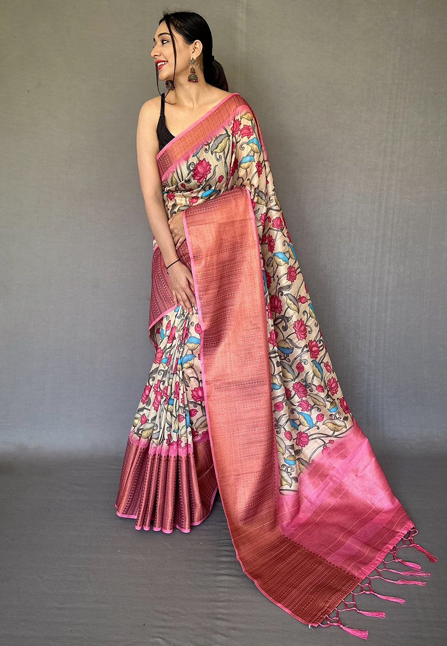 Buy MySilkLove Geraldine Pink Zari Woven Cotton Kalamkari Digital Printed Saree Online