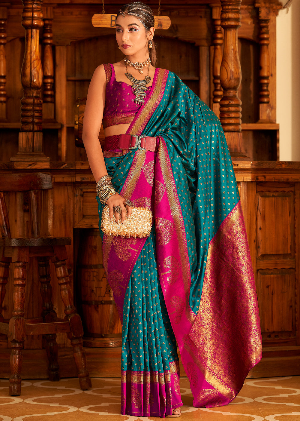 Buy MySilkLove Elm Blue and Pink Woven Banarasi Soft Silk Saree Online