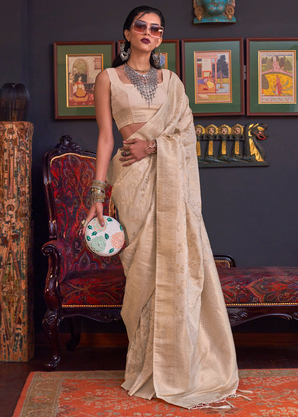 Buy MySilkLove Rodeo Dust Cream Banarasi Katan Silk Saree Online