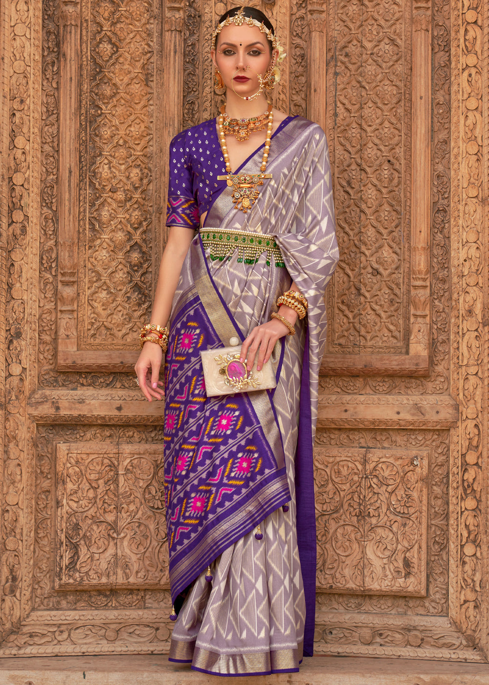 Buy MySilkLove Dust Grey and Purple Woven Patola Silk Saree Online