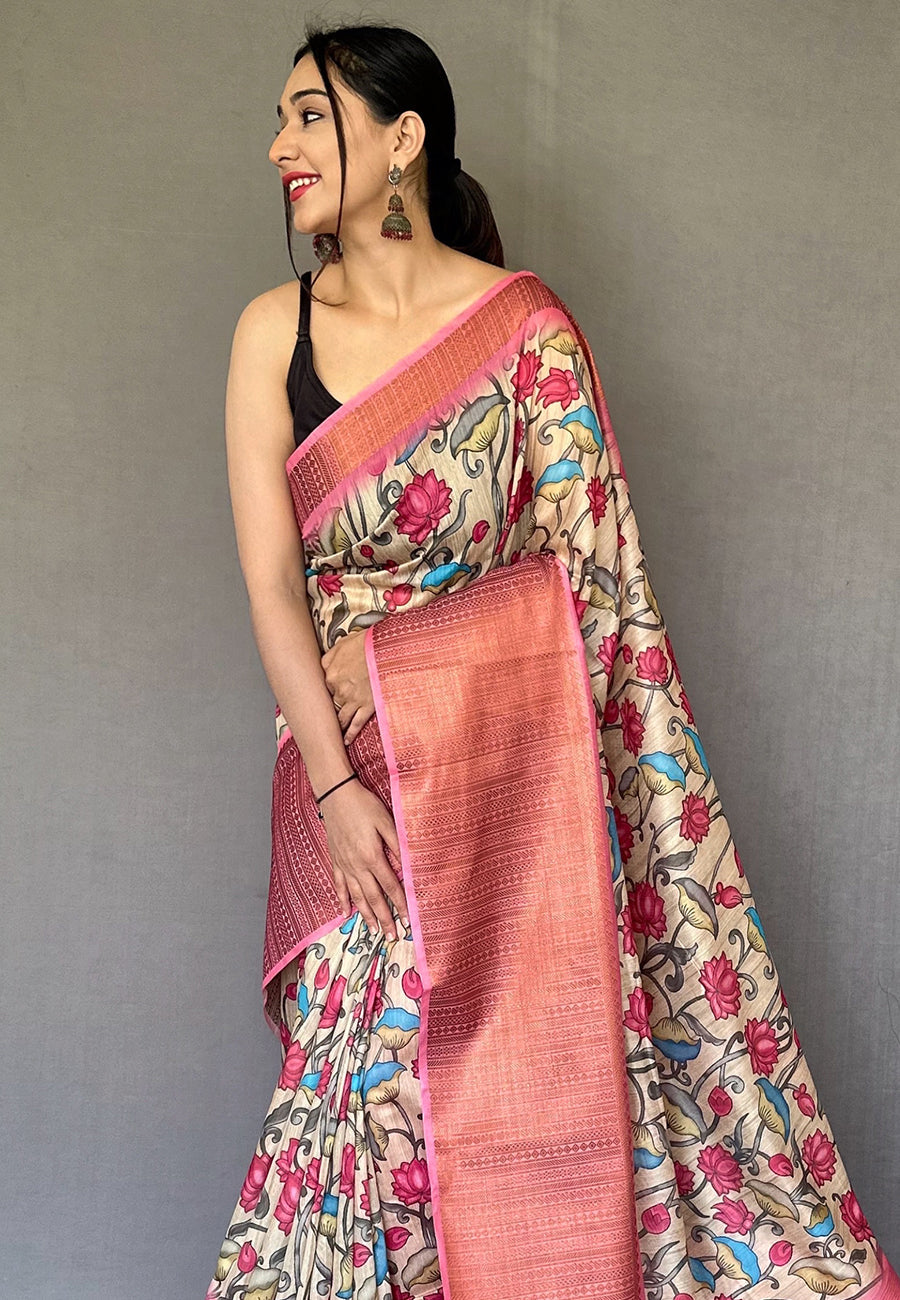 MySilkLove Geraldine Pink Zari Woven Cotton Kalamkari Digital Printed Saree