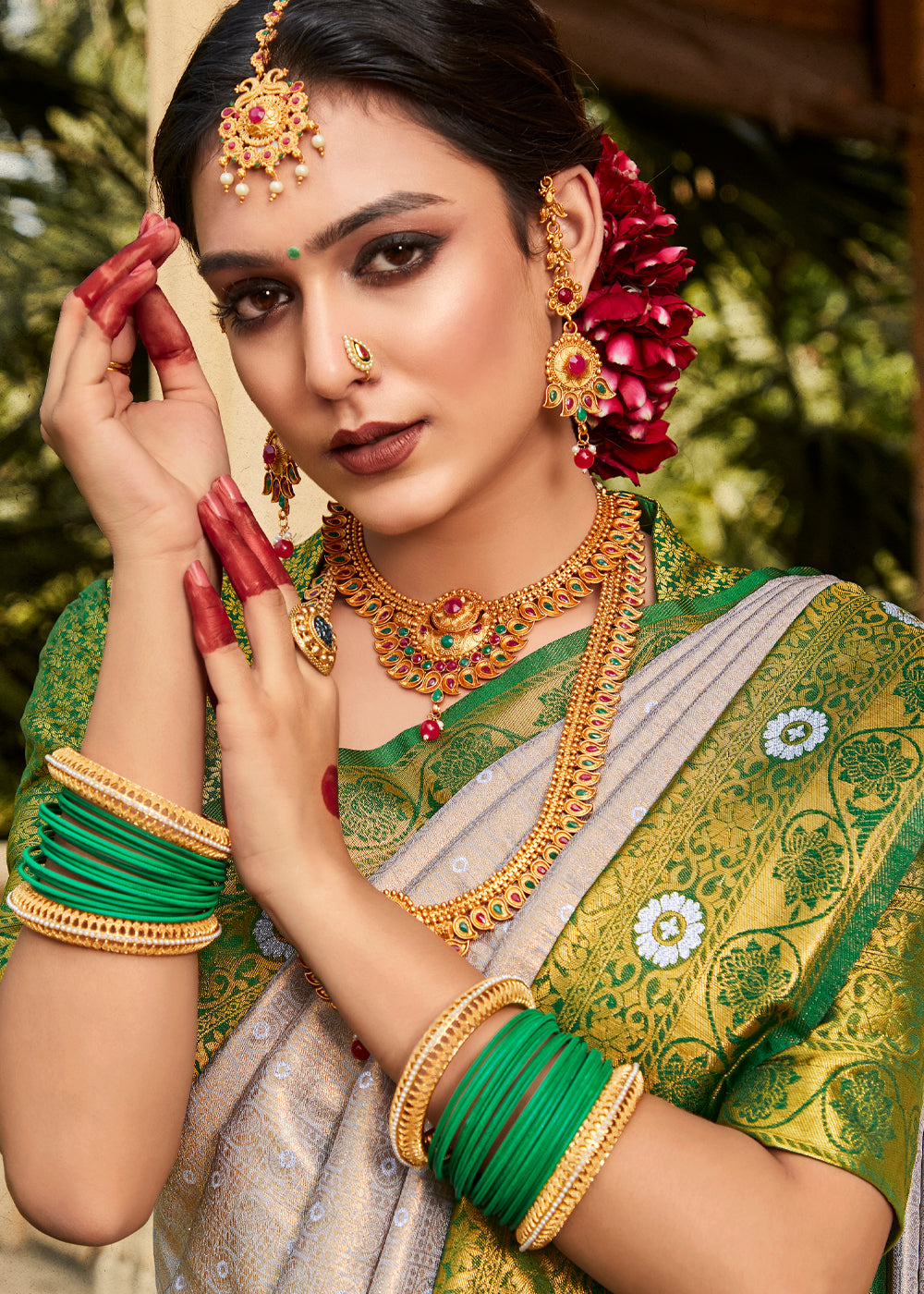 Buy MySilkLove Tana Grey and Green Woven Kanjivaram Silk Saree Online