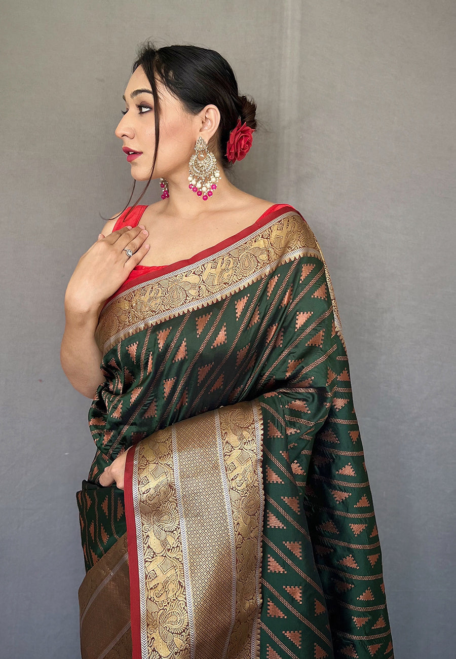 Buy MySilkLove Hemlock Green Banarasi Silk Leheriya Copper Zari Woven Saree Online