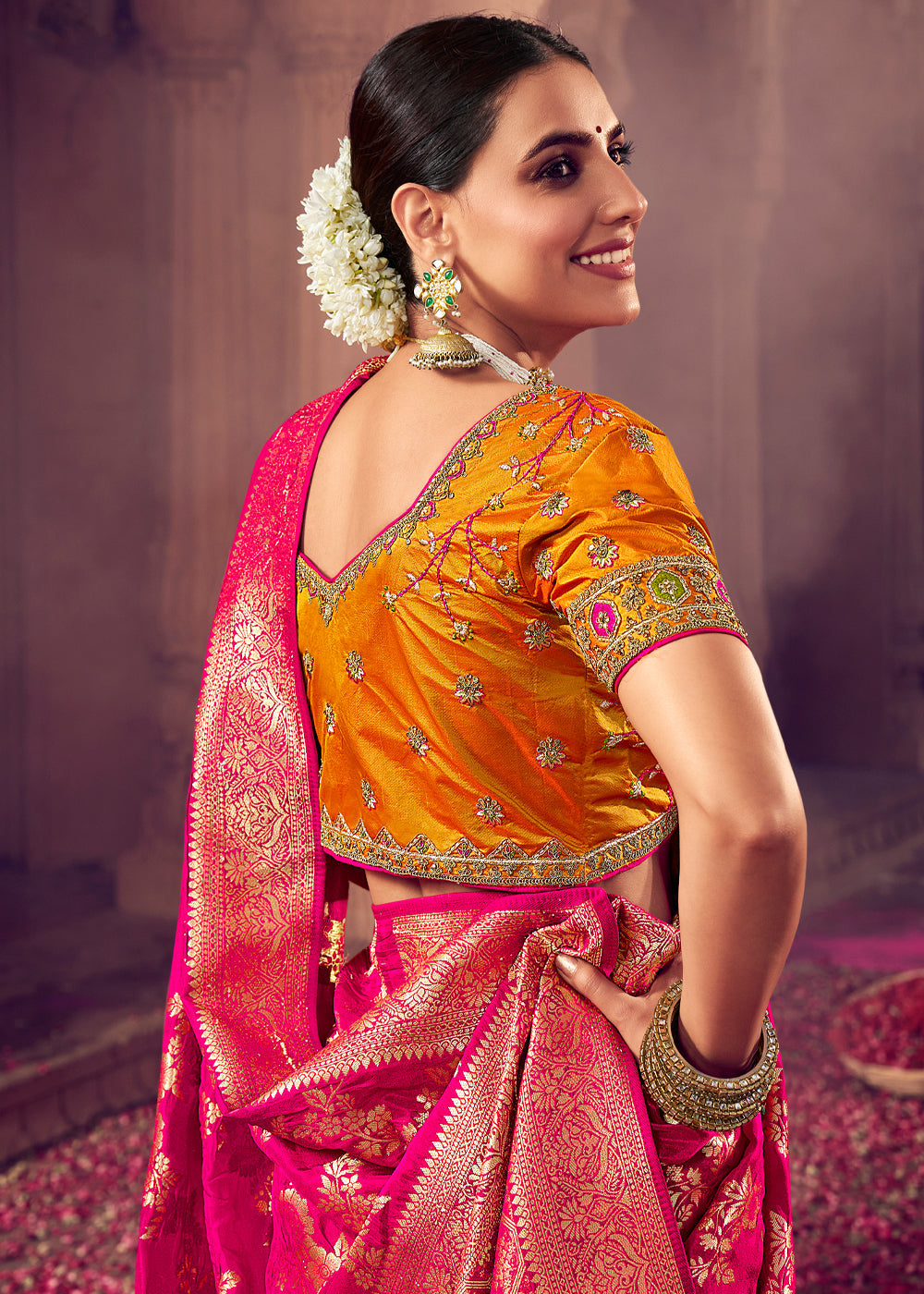 MySilkLove Winter Pink and Yellow Zari Woven Designer Banarasi Saree
