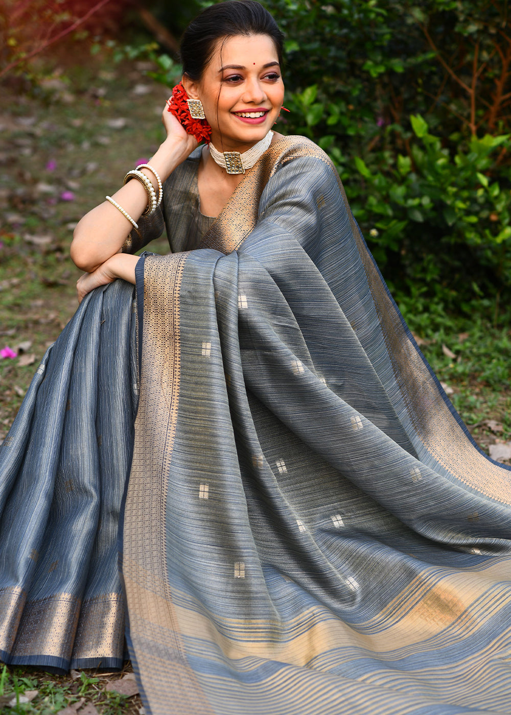 MySilkLove Slate Grey Maheshwari Woven Silk Saree