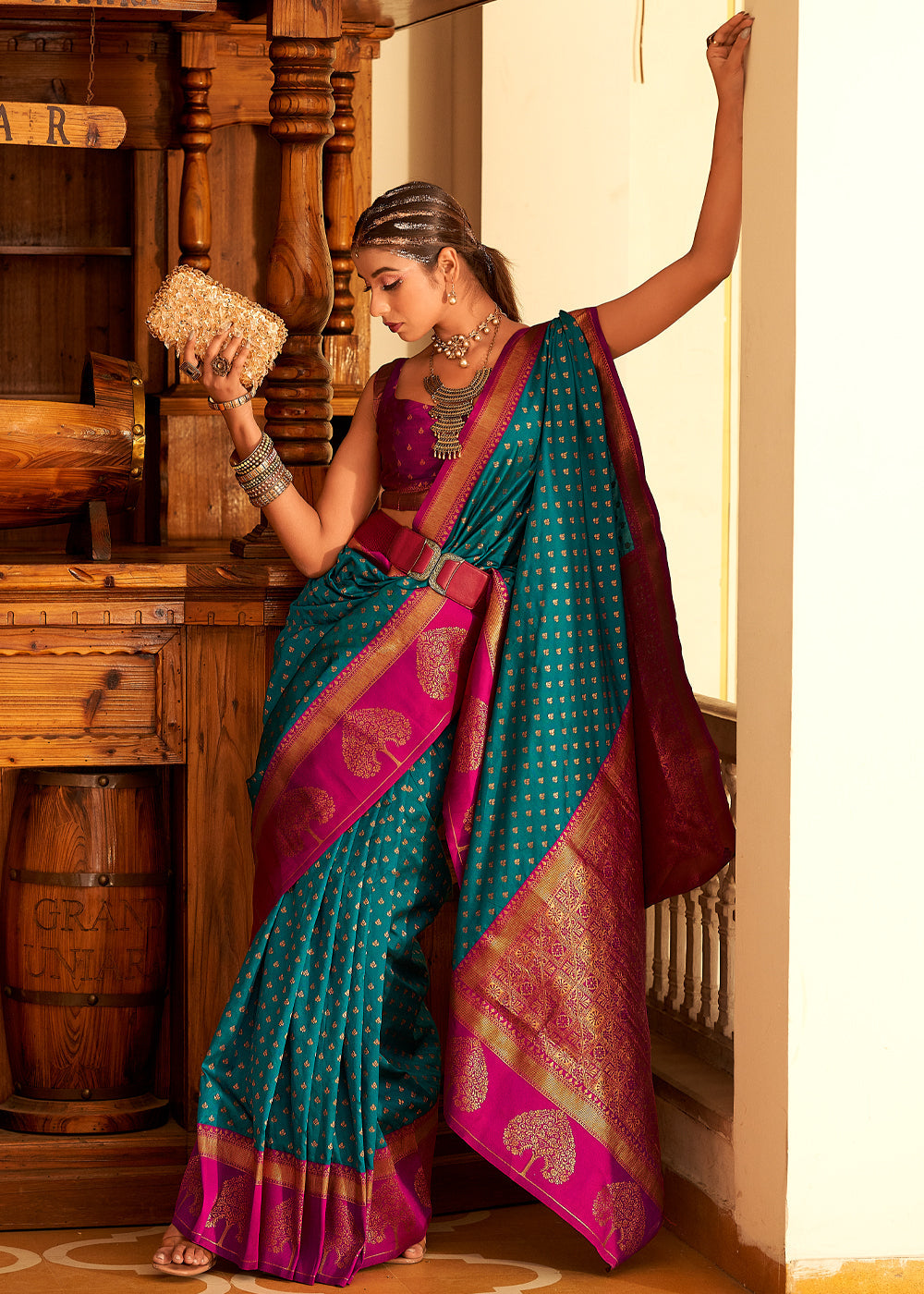 Buy MySilkLove Elm Blue and Pink Woven Banarasi Soft Silk Saree Online