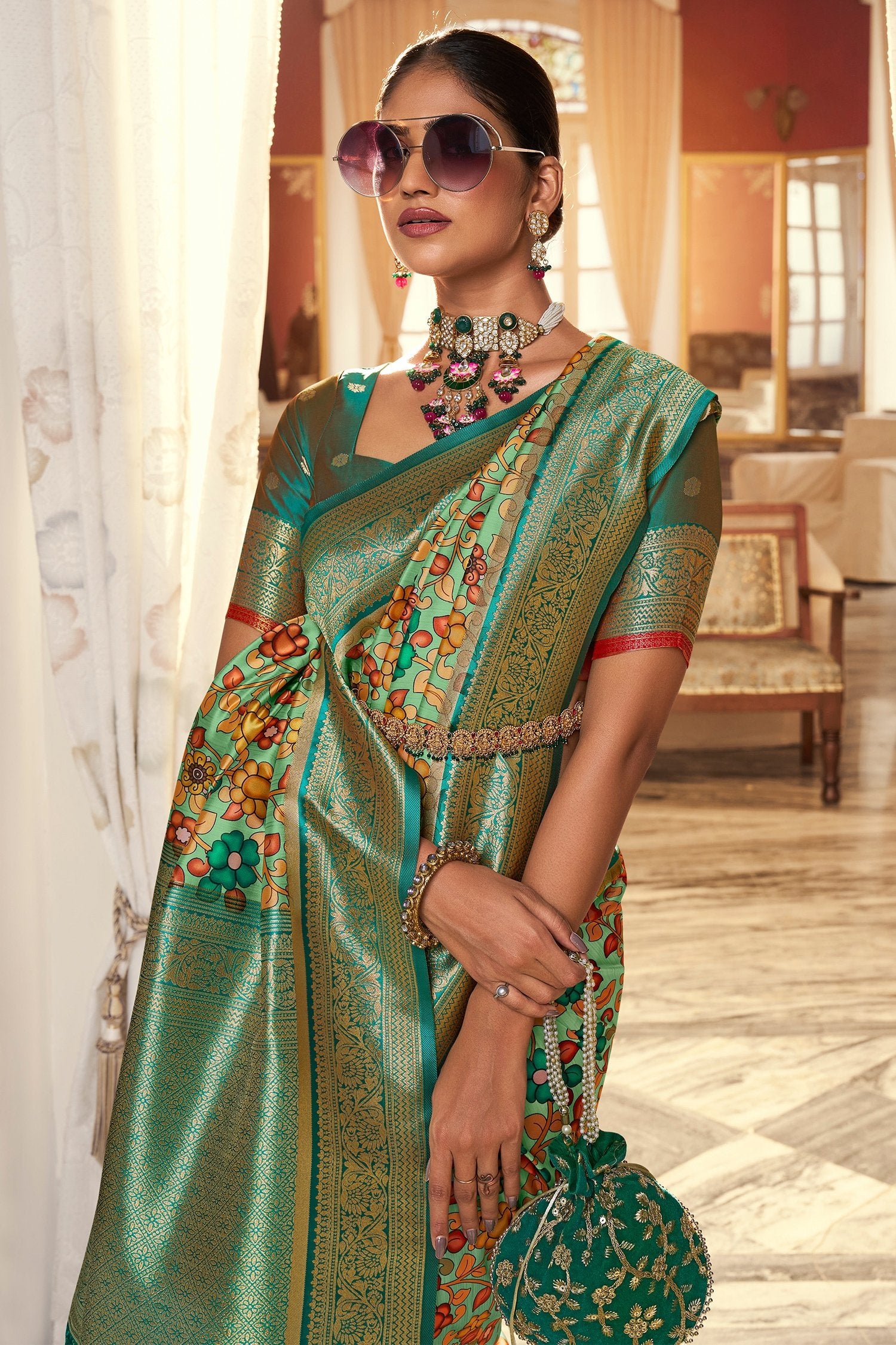 MySilkLove Battleship Green Digital Printed Banarasi Silk Saree