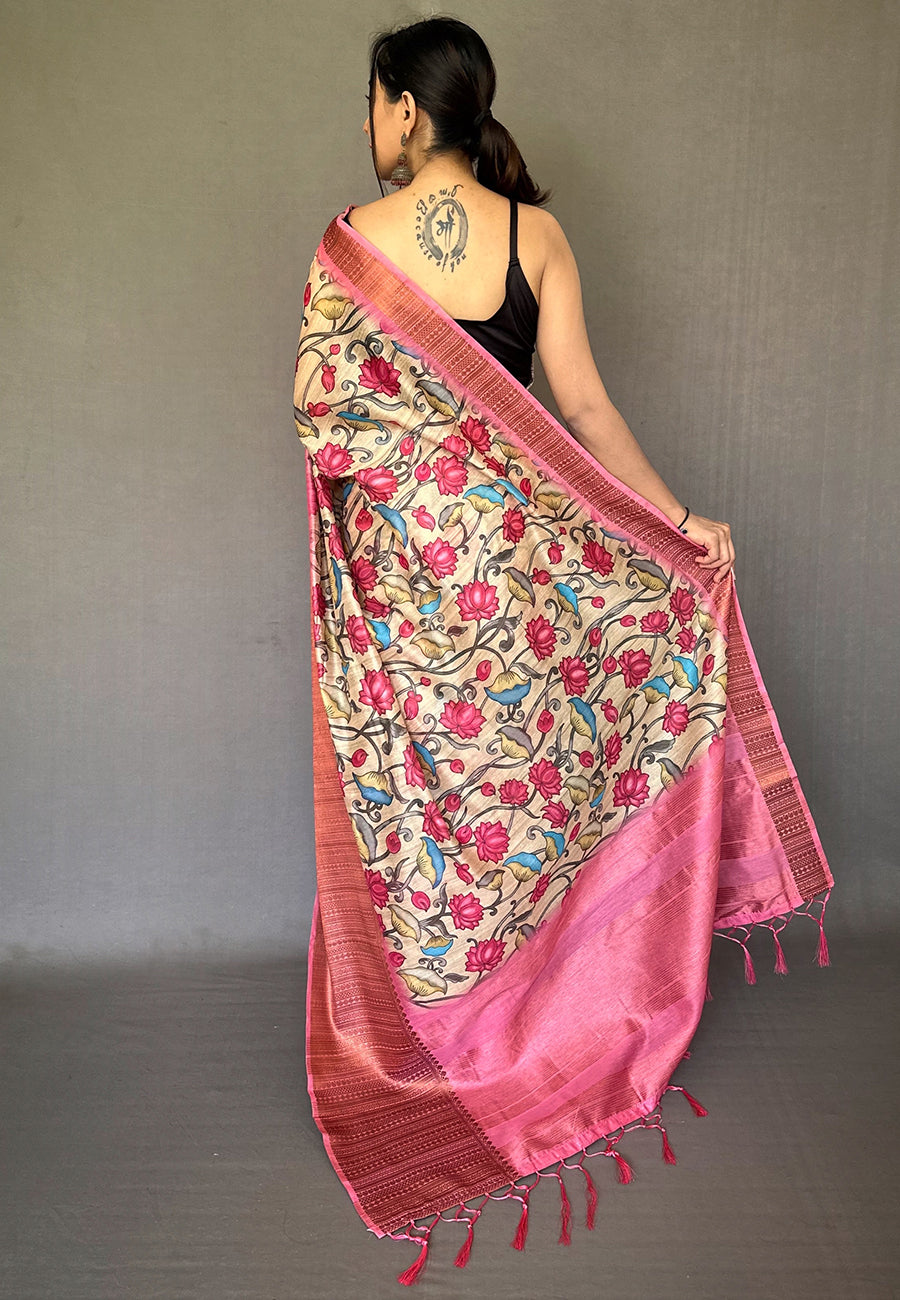 Buy MySilkLove Geraldine Pink Zari Woven Cotton Kalamkari Digital Printed Saree Online