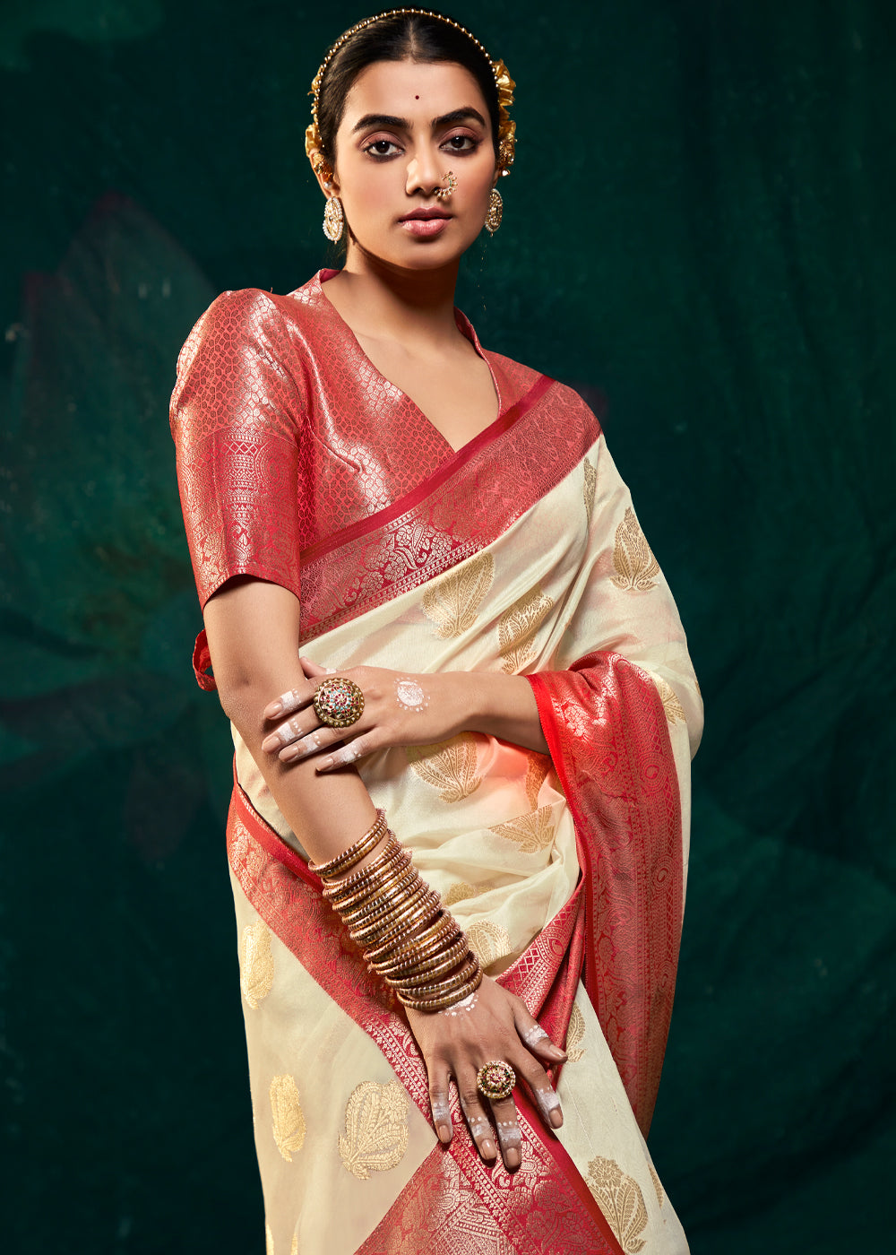 Buy MySilkLove Stark Cream Woven Banarasi Organza Silk Saree Online