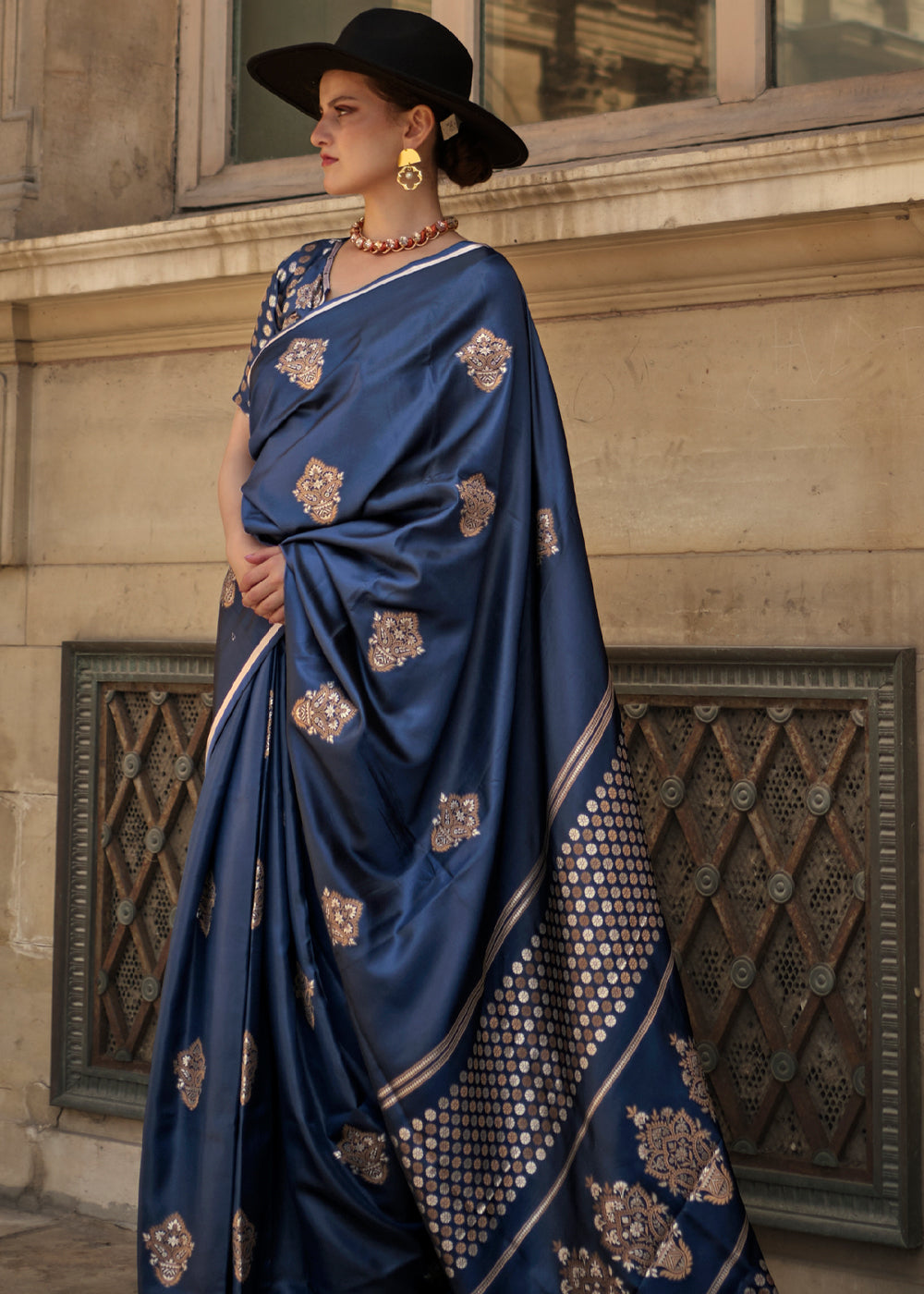 Buy MySilkLove Bluewood Woven Banarasi Satin Silk Saree Online