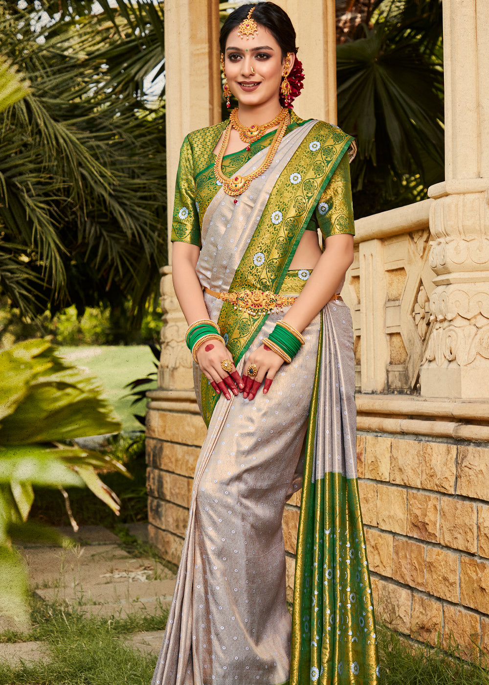 Buy MySilkLove Tana Grey and Green Woven Kanjivaram Silk Saree Online