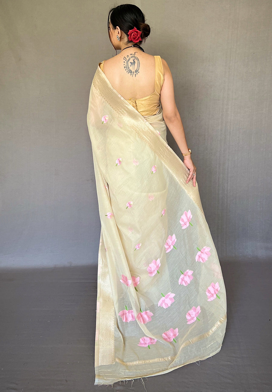 Buy MySilkLove Sapling Cream Cotton Lotus Woven Silk Saree Online