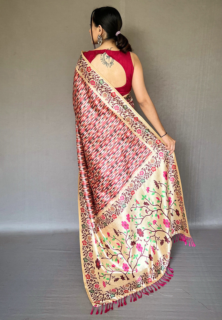 Buy MySilkLove Mauvelous Pink Multicolor Ikat Printed Saree Online