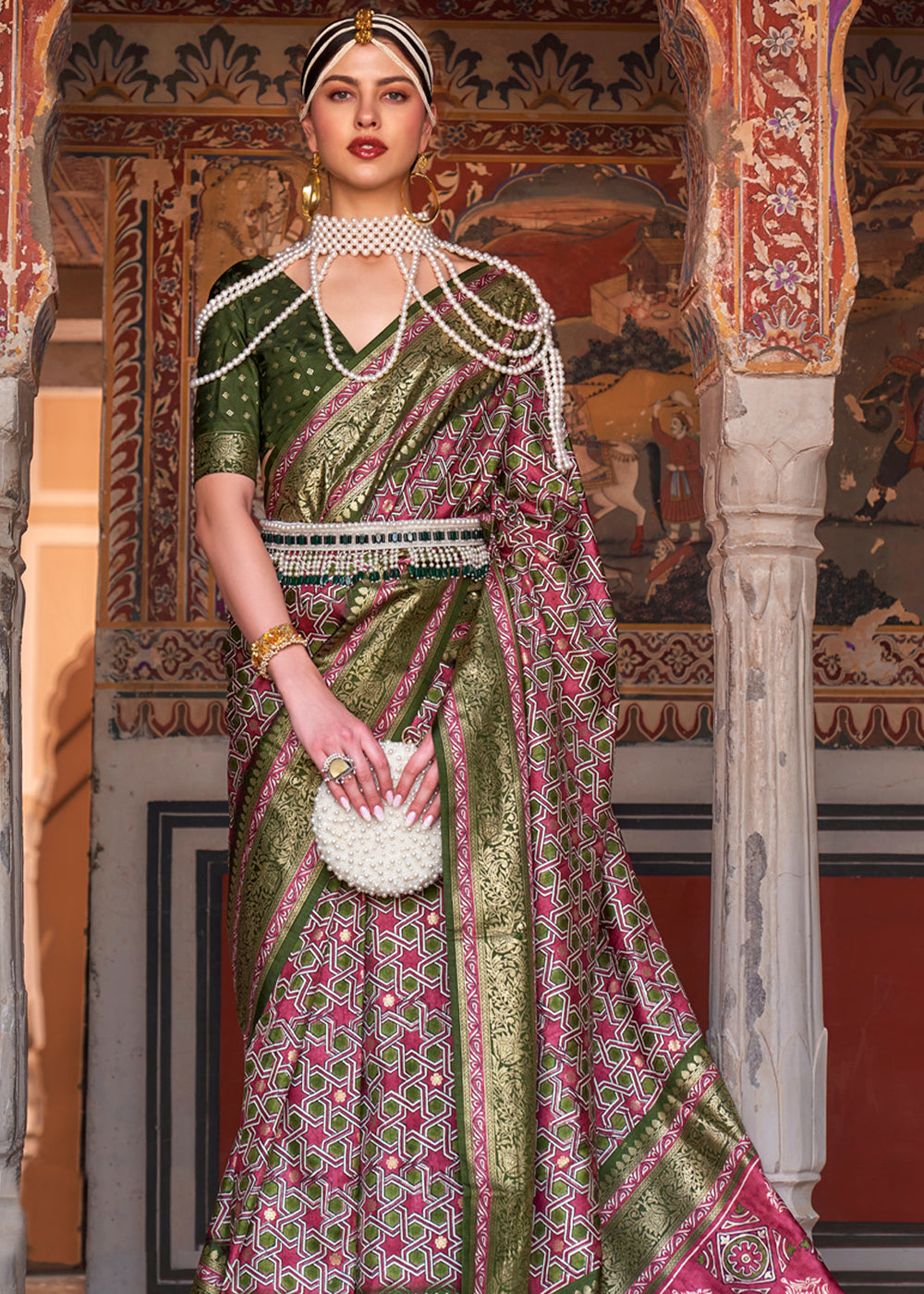 Buy MySilkLove Contessa Pink and Green Printed Patola Soft Silk Saree Online