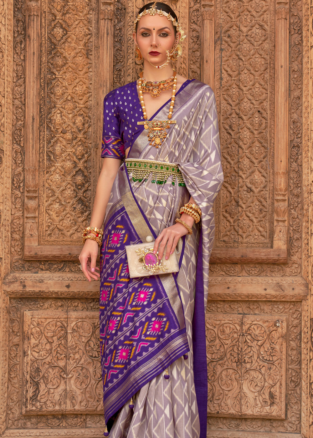 Buy MySilkLove Dust Grey and Purple Woven Patola Silk Saree Online