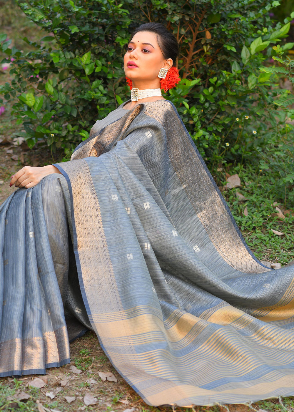 Buy MySilkLove Slate Grey Maheshwari Woven Silk Saree Online