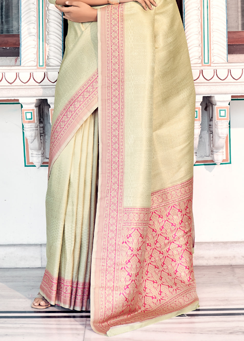 Buy MySilkLove Baja Cream Woven Kanjivaram Silk Saree Online