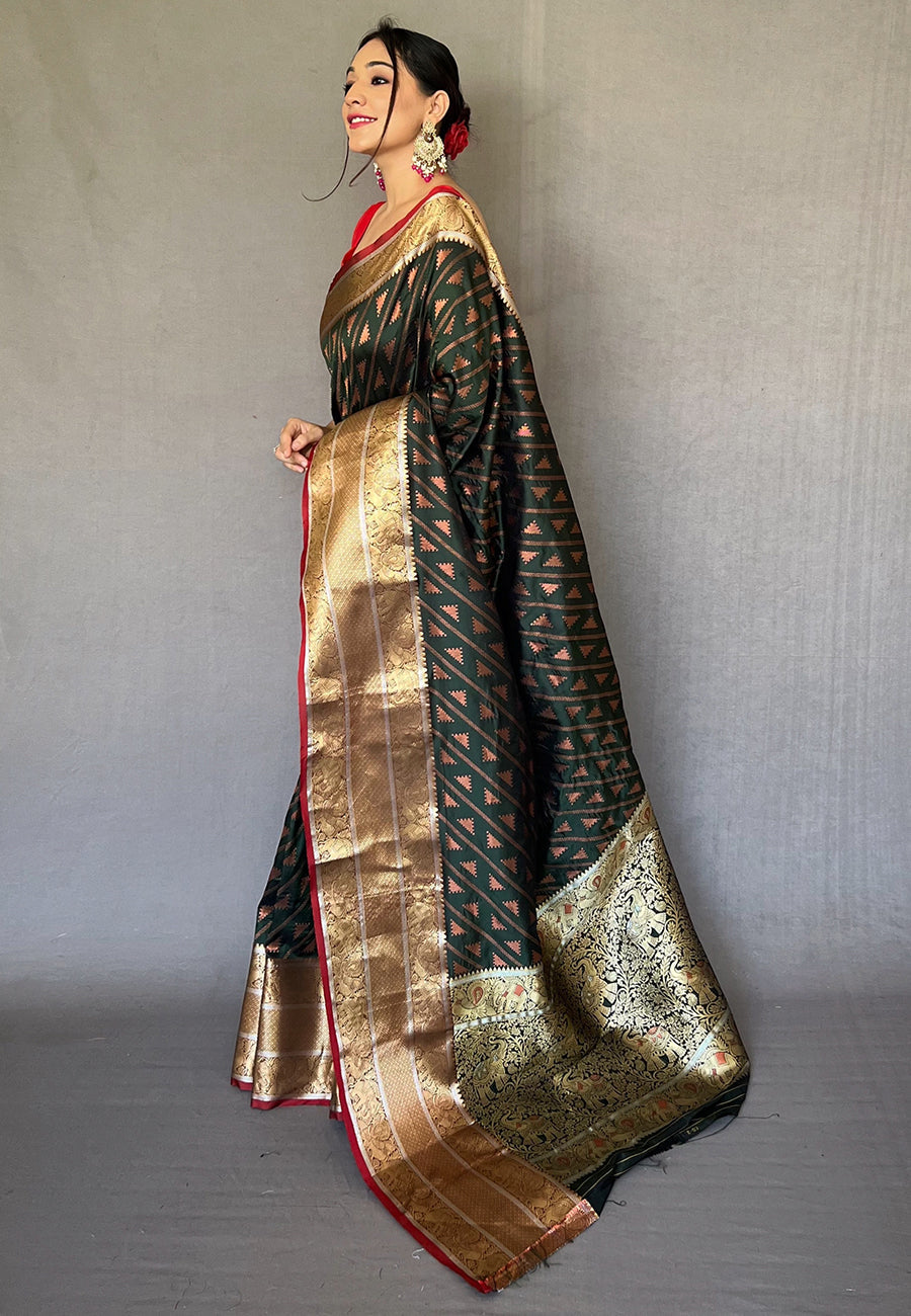 Buy MySilkLove Hemlock Green Banarasi Silk Leheriya Copper Zari Woven Saree Online