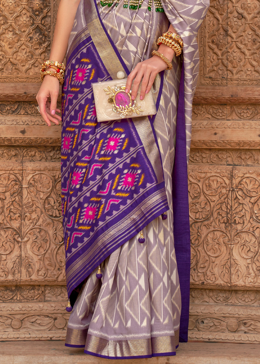 Buy MySilkLove Dust Grey and Purple Woven Patola Silk Saree Online