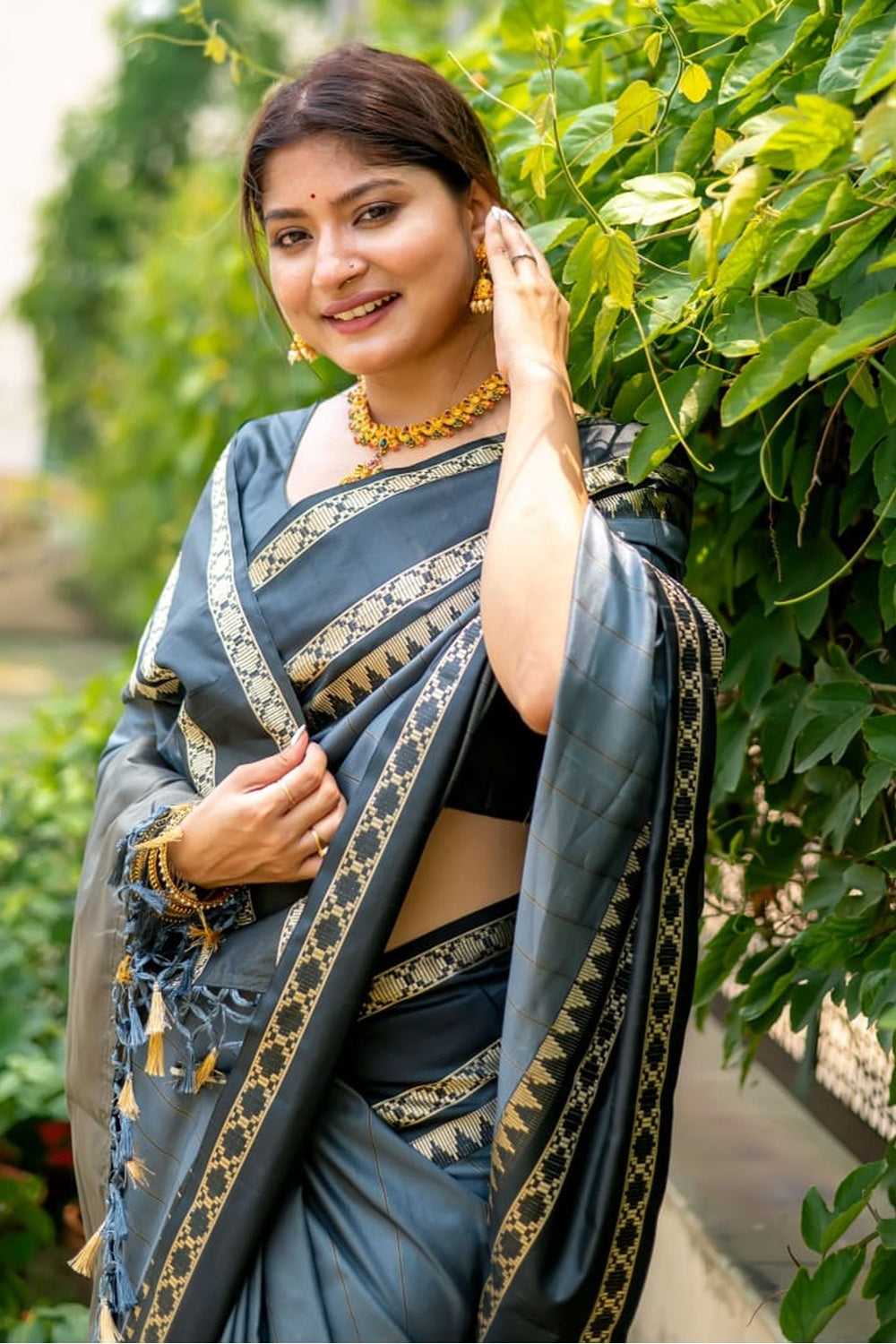 Buy MySilkLove Pale Sky Grey and Black Woven Tussar Silk Saree Online