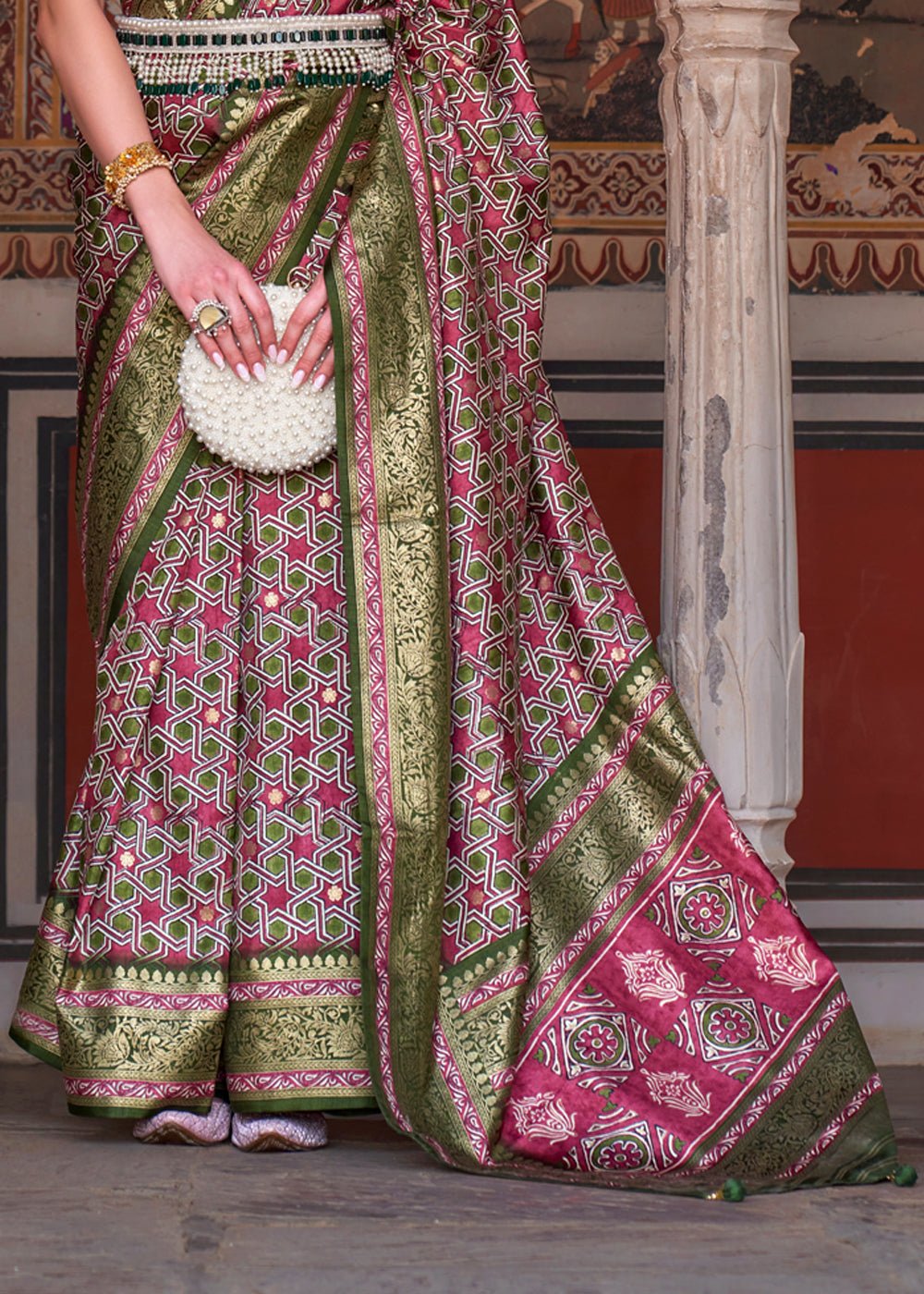 Buy MySilkLove Contessa Pink and Green Printed Patola Soft Silk Saree Online