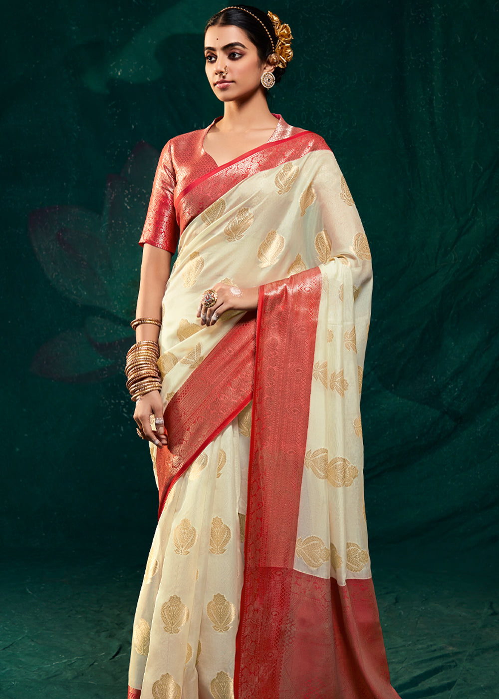 Buy MySilkLove Stark Cream Woven Banarasi Organza Silk Saree Online