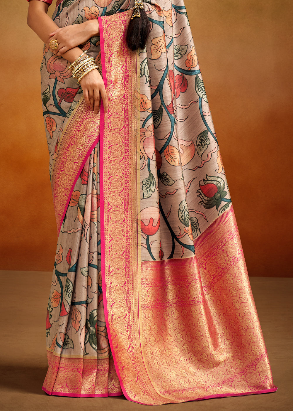 Buy MySilkLove Roman Grey and Pink Woven Banarasi Kalamkari Silk Saree Online