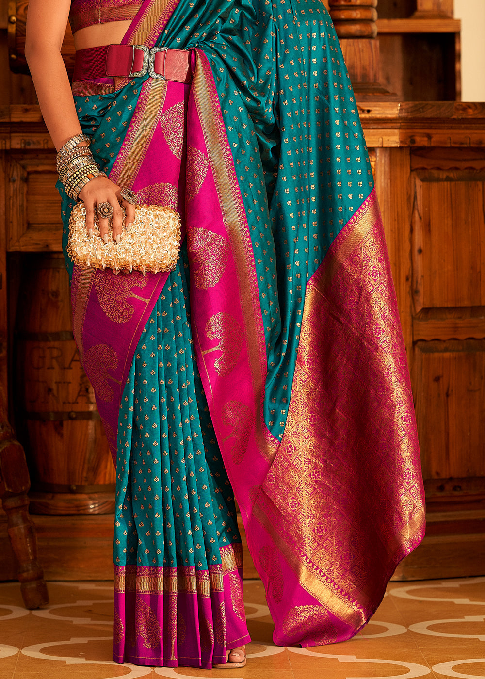 Buy MySilkLove Elm Blue and Pink Woven Banarasi Soft Silk Saree Online