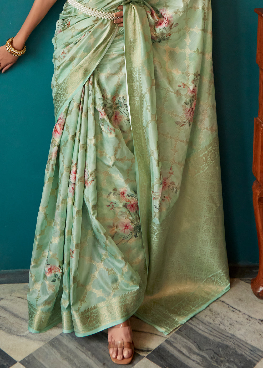 Buy MySilkLove Clay Creek Green Woven Banarasi Floral Printed Silk Saree Online