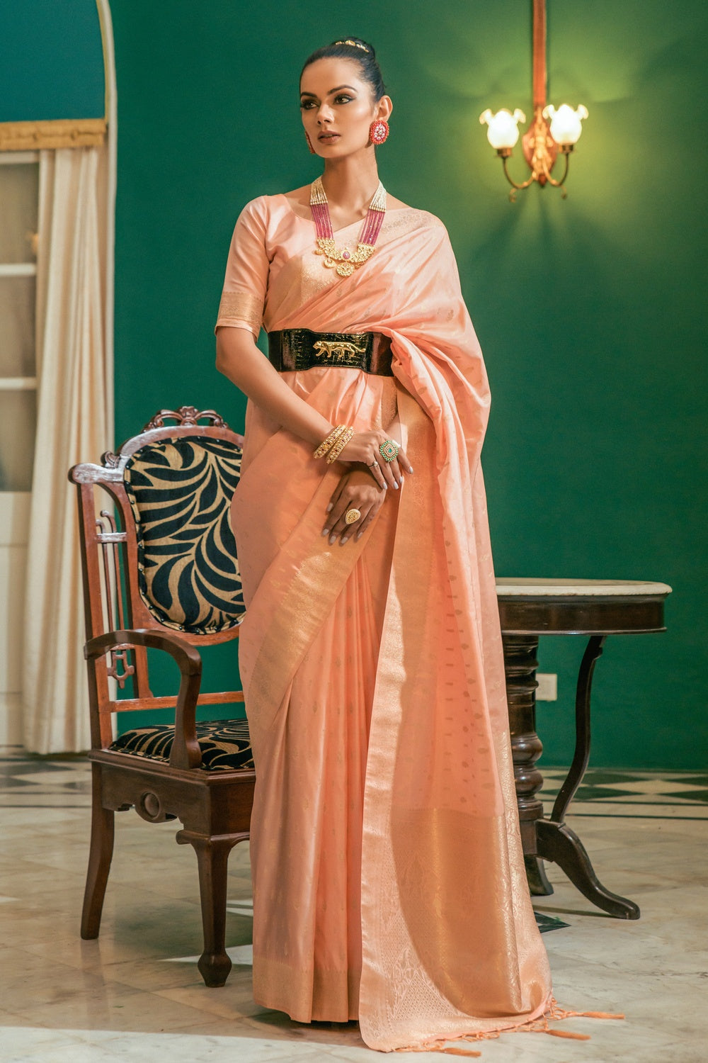 Buy MySilkLove Serria Peach Woven Soft Silk Saree Online