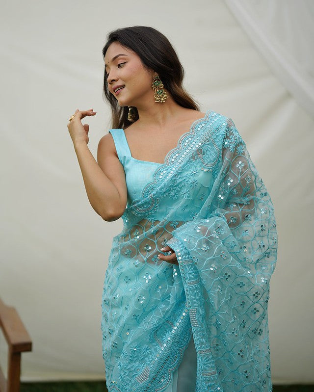 Buy MySilkLove Horizon Blue Designer Organza saree with Sequence Work Online