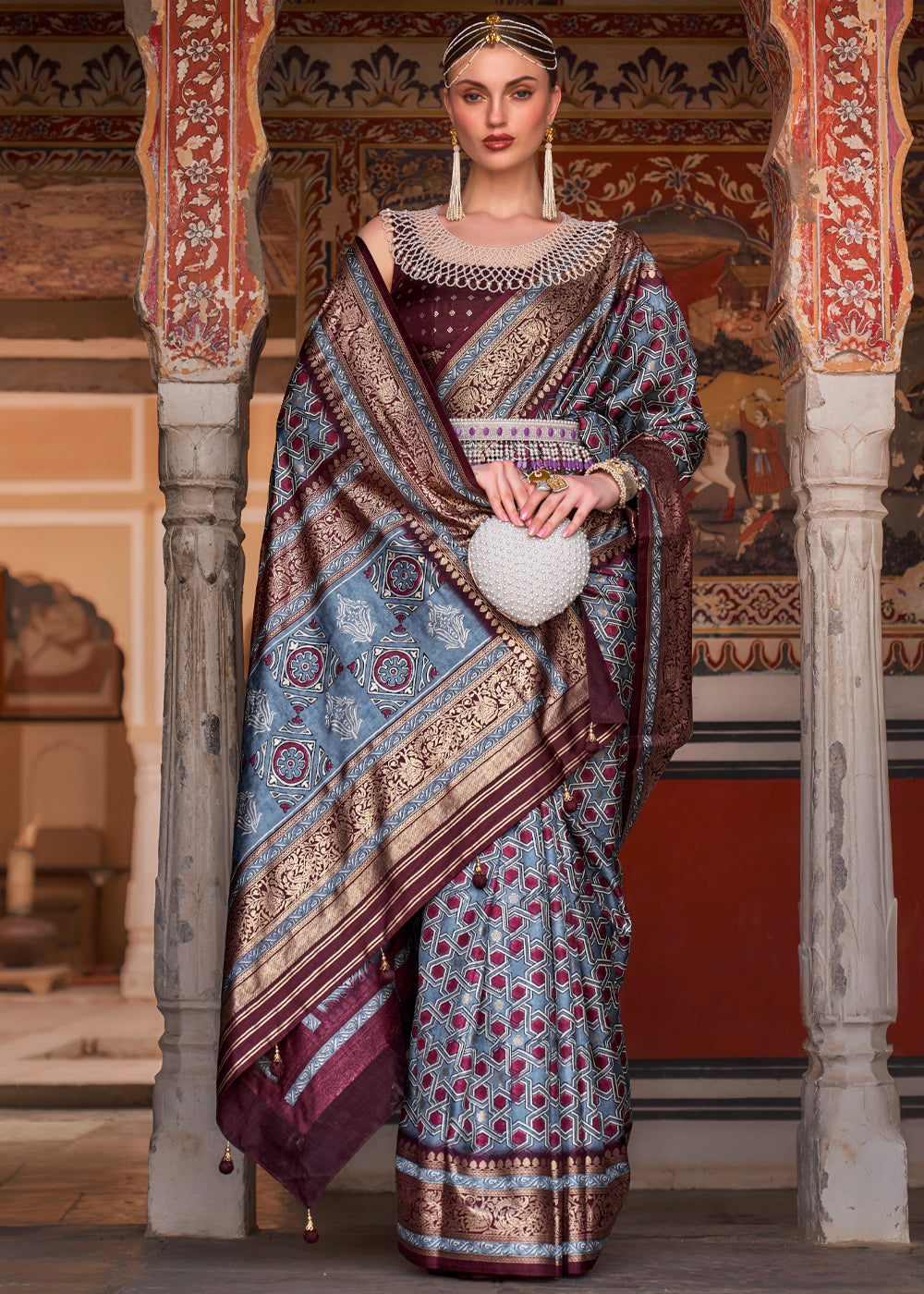 Buy MySilkLove Cadet Blue Printed Patola Soft Silk Saree Online