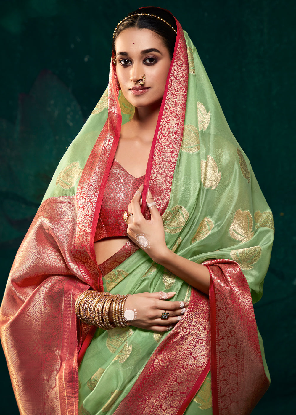 Buy MySilkLove Olivine Green Woven Banarasi Organza Silk Saree Online