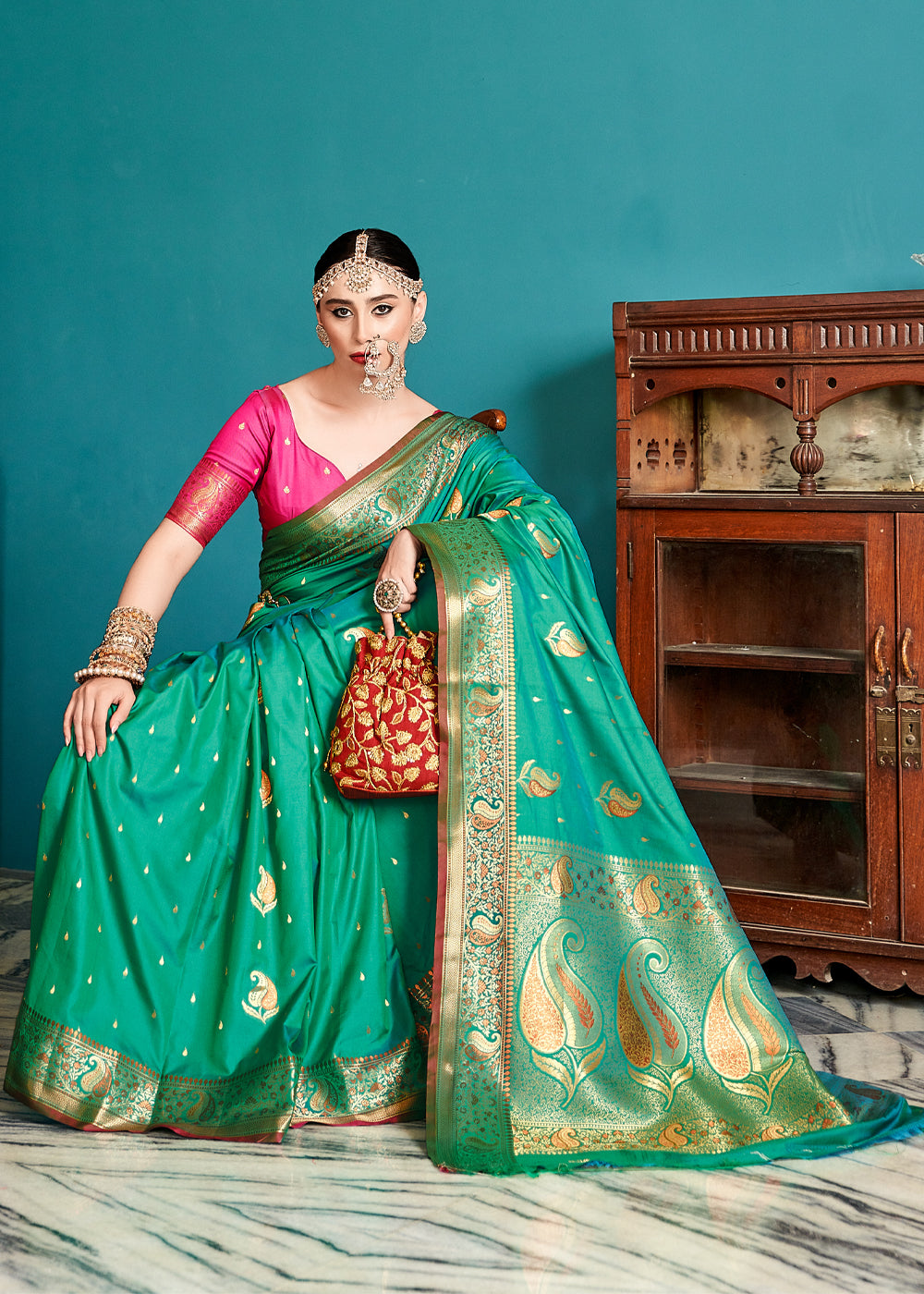 Buy MySilkLove Jewel Green Woven Banarasi Soft Silk Saree Online