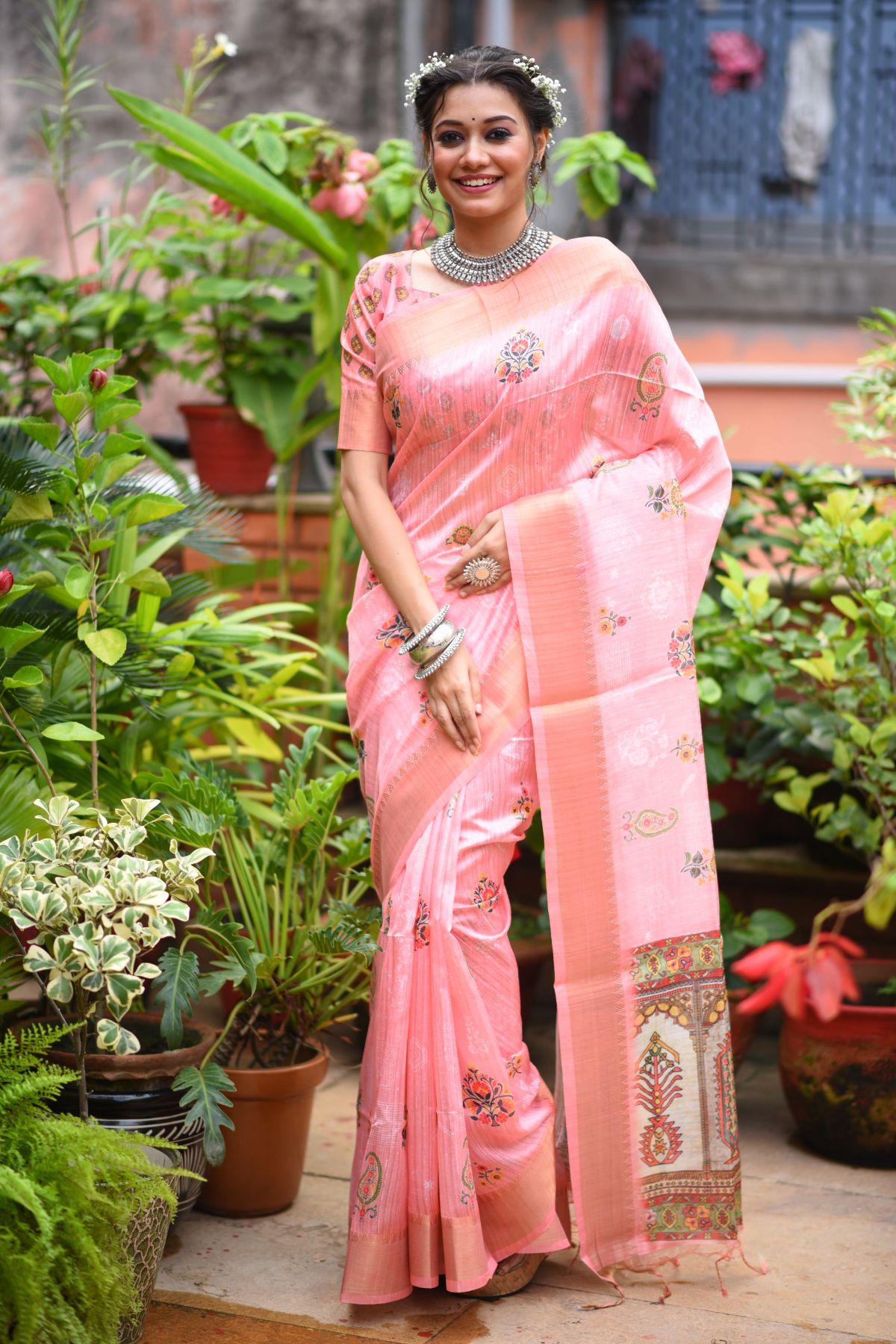 Buy MySilkLove Bush Pink Printed South Silk Saree Online