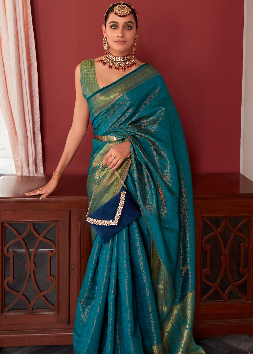 Buy MySilkLove Casal Blue Bronze Zari Woven Kanjivaram Silk Saree Online