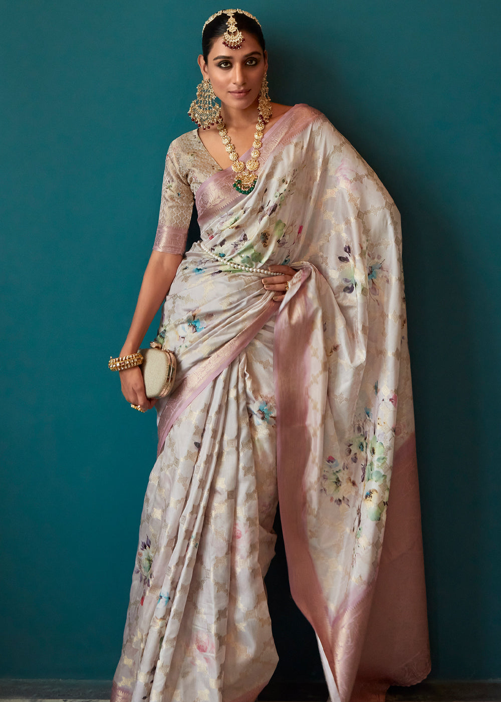 Buy MySilkLove Quicksand Purple Woven Banarasi Floral Printed Silk Saree Online