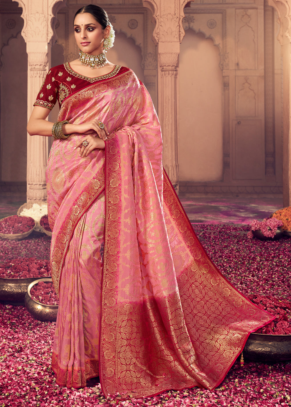 Buy MySilkLove Apricot Pink and Brown Zari Woven Designer Banarasi Saree Online