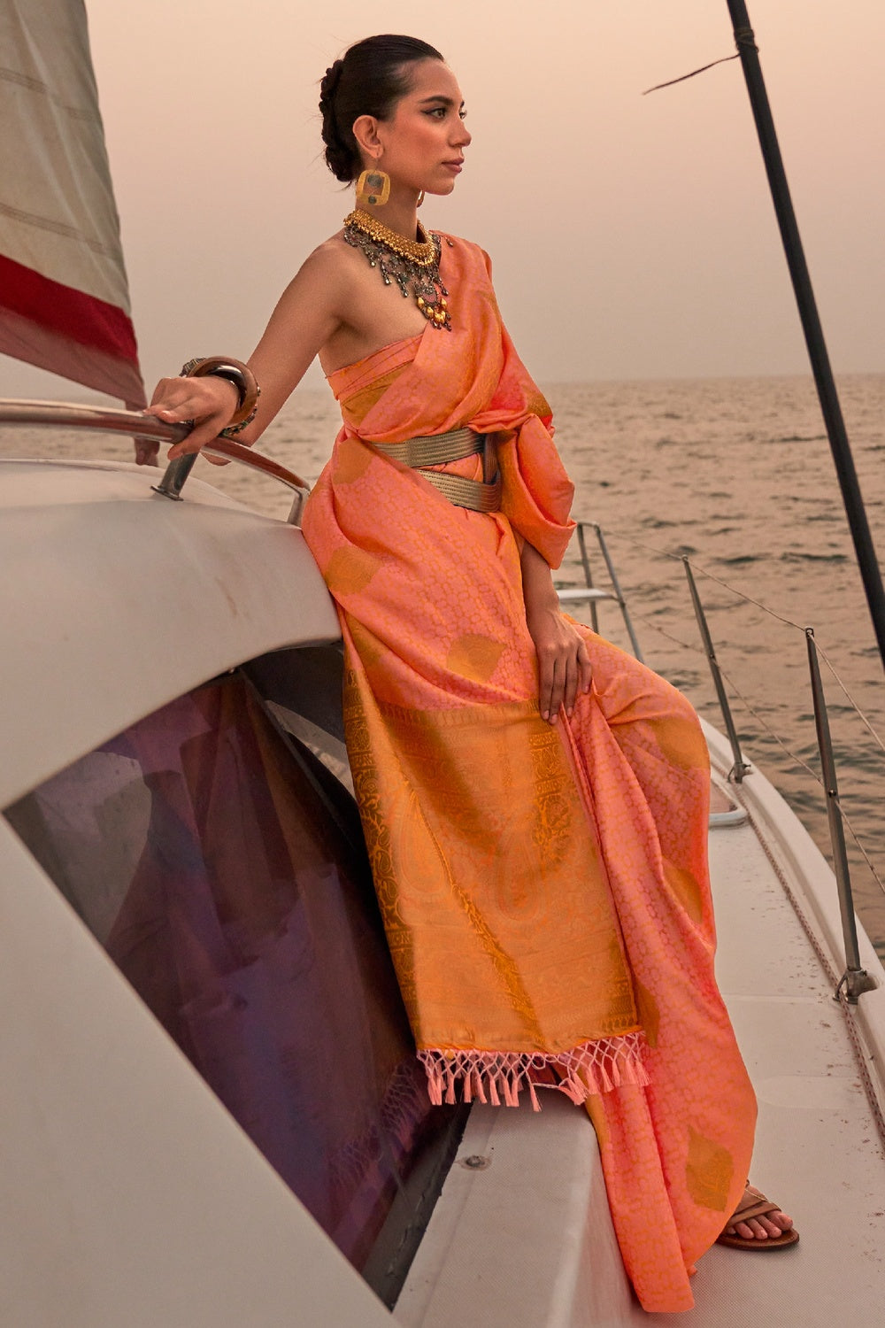 Buy MySilkLove James Orange Woven Satin Handloom Silk Saree Online