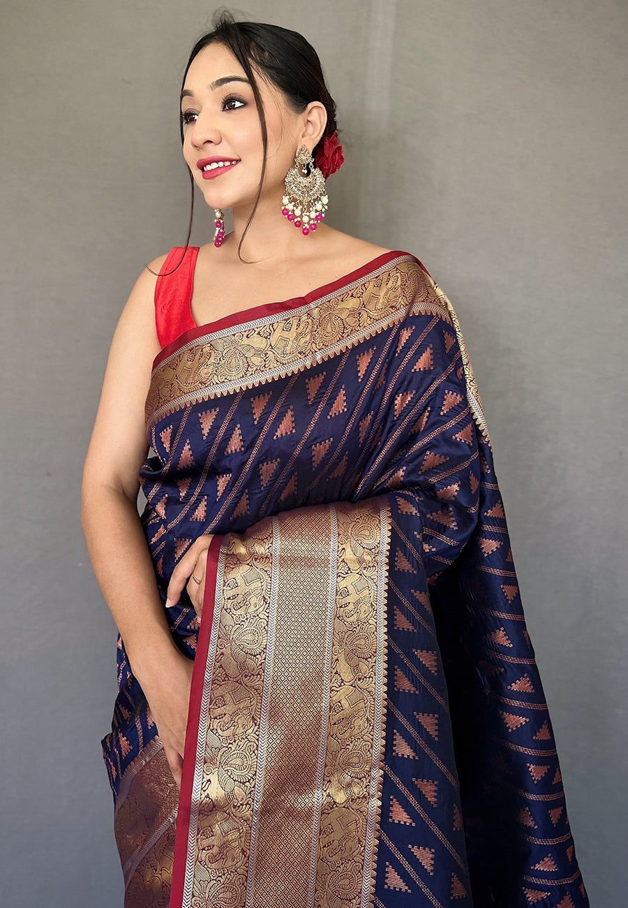 Buy MySilkLove Oxford Blue Banarasi Silk Leheriya Copper Zari Woven Saree Online