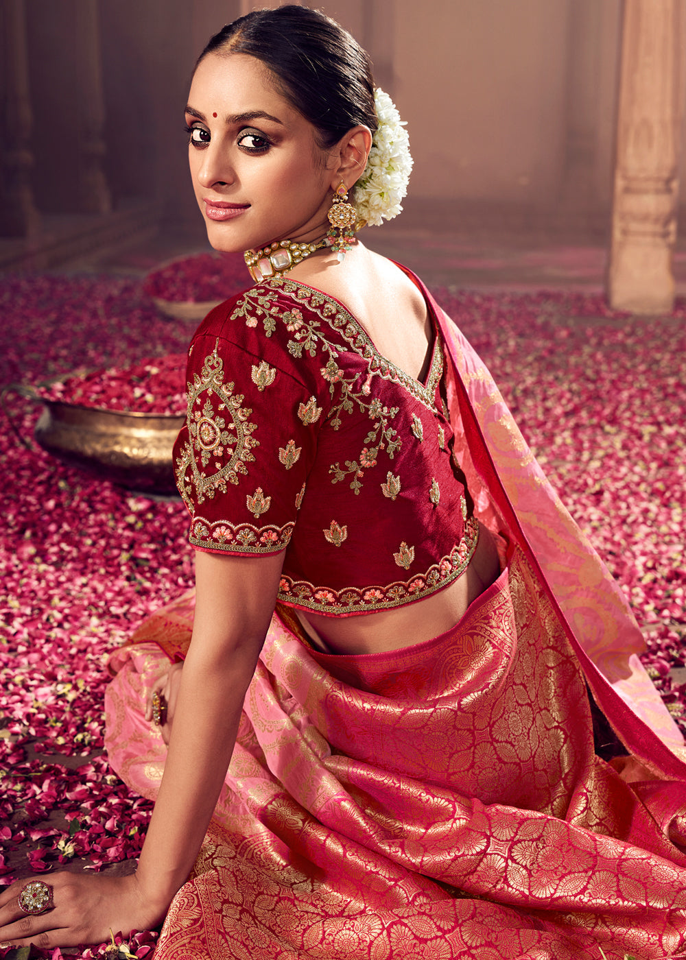 MySilkLove Apricot Pink and Brown Zari Woven Designer Banarasi Saree