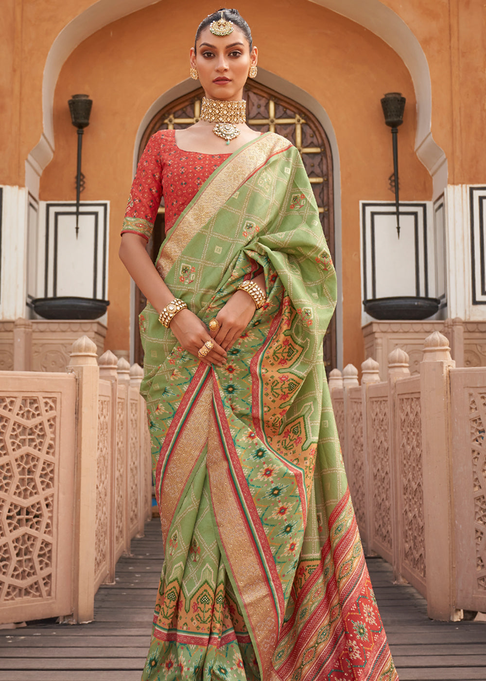 MySilkLove Winter Hazel Green Printed Patola Silk Saree