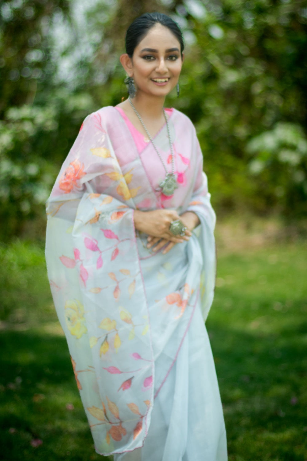 Buy MySilkLove Geyser Blue and Pink Floral Design Organza Printed Saree Online