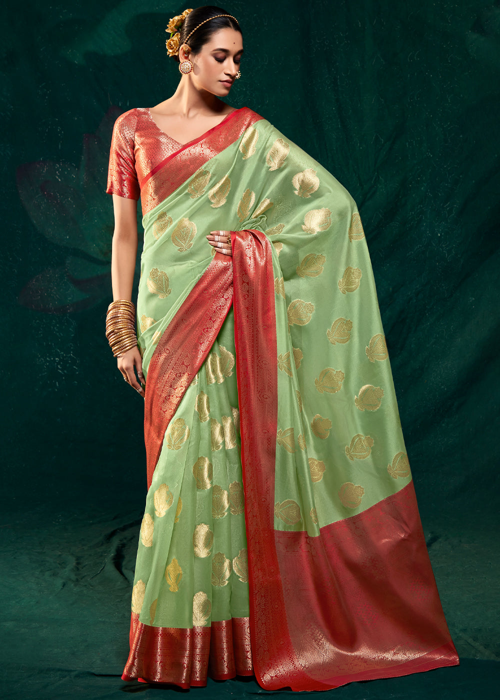 Buy MySilkLove Olivine Green Woven Banarasi Organza Silk Saree Online